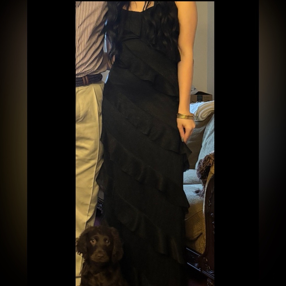 Mable black maxi dress with sheer ruffles and adjustable straps size small